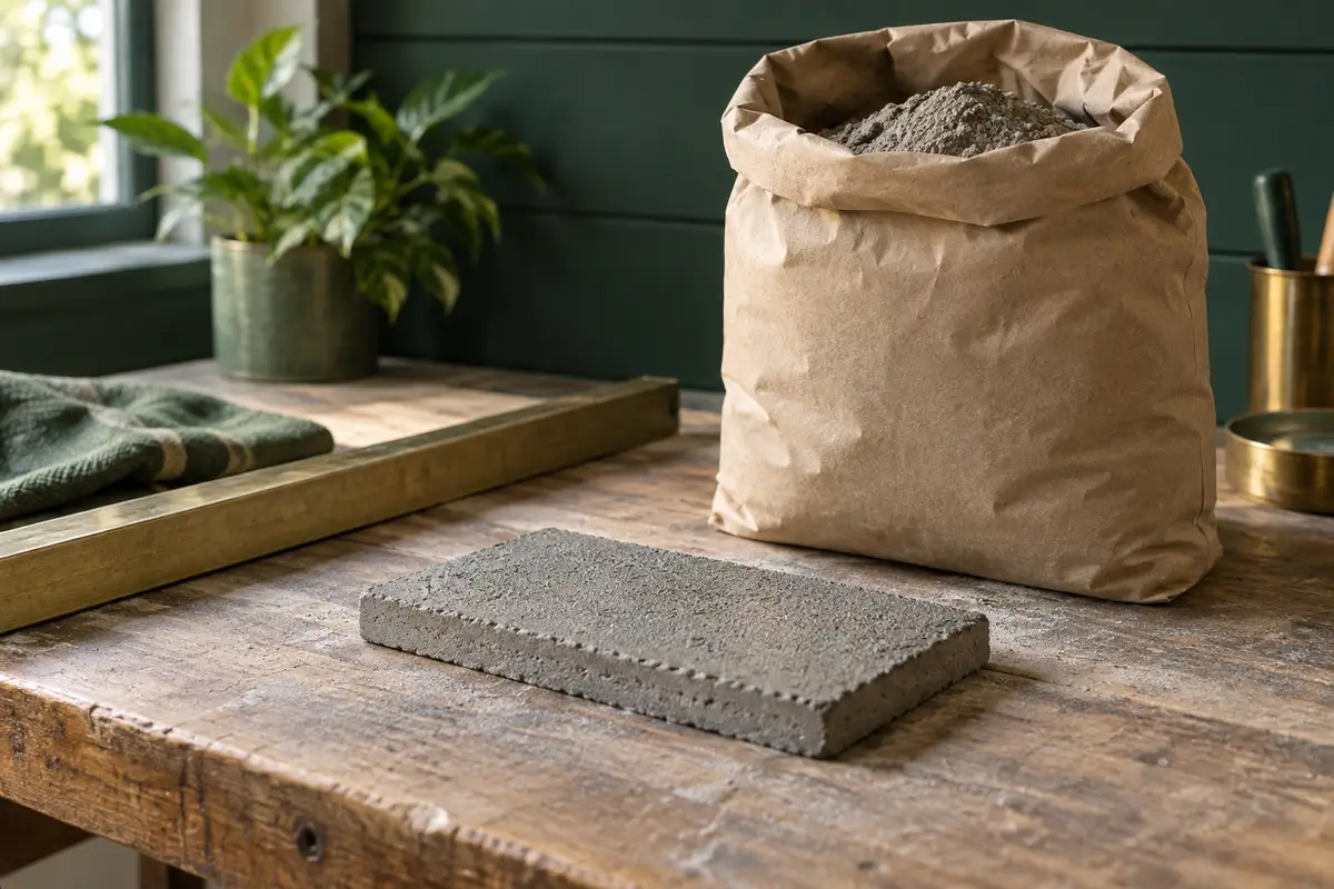 A small rectangular floor mortar sample, straightedge and plain dry mortar bag on a workshop table — concept illustration