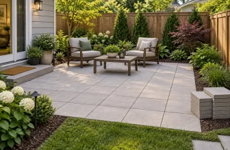 Square paver patio with planted borders and spare paving units stacked nearby.