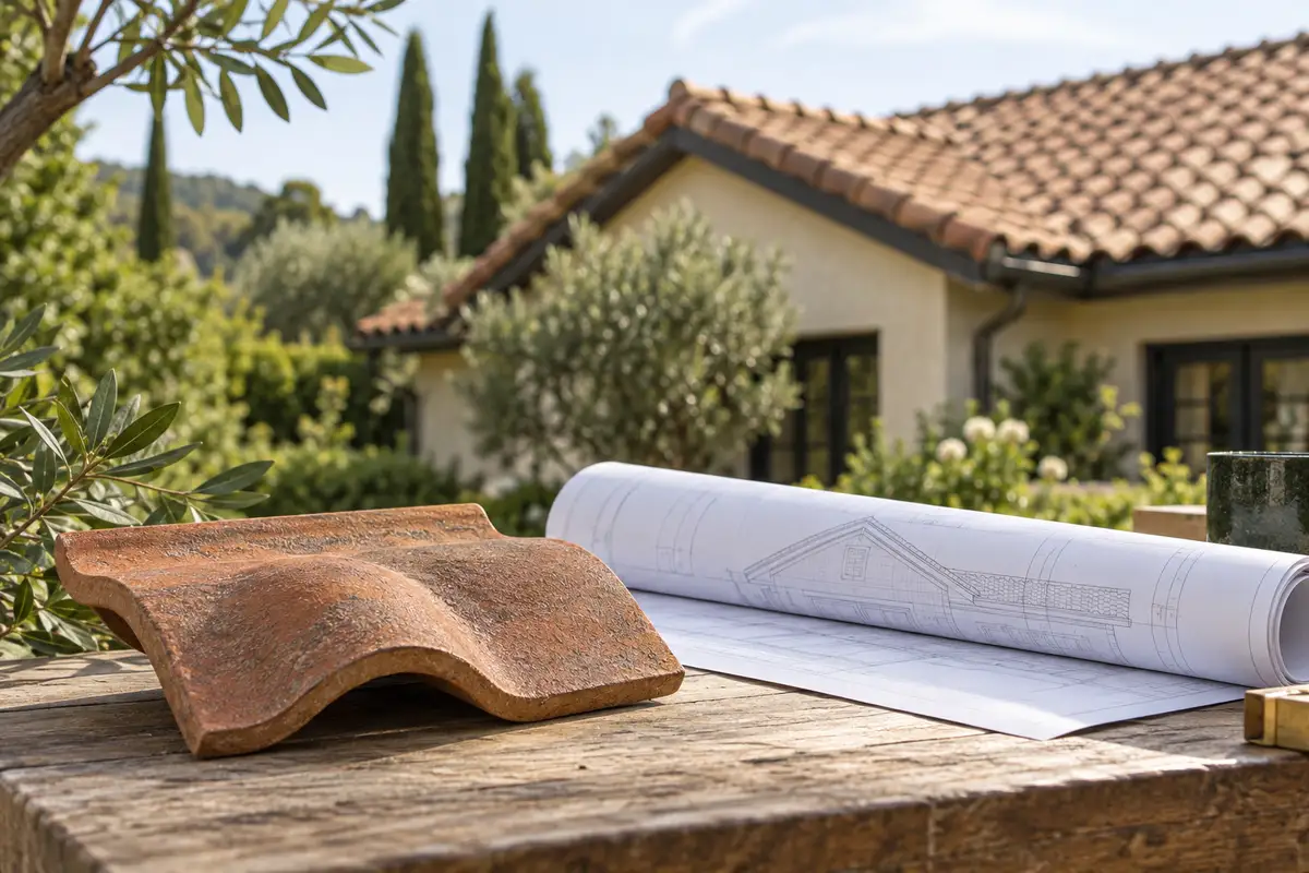 A small clay roof tile sample and a rolled roofing plan on a ground-level workbench, tiled gable roof softly blurred in background — concept illustration