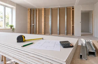 Drywall sheets, tape measure, calculator and room plan prepared for a wall and ceiling material estimate