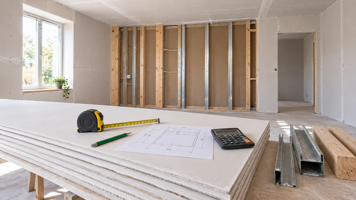 Drywall sheets, tape measure, calculator and room plan prepared for a wall and ceiling material estimate