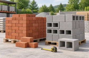 neat stacks of red clay bricks and gray hollow concrete blocks on a clean building materials yard, tape measure — concept illustration