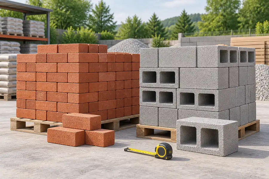 neat stacks of red clay bricks and gray hollow concrete blocks on a clean building materials yard, tape measure — concept illustration