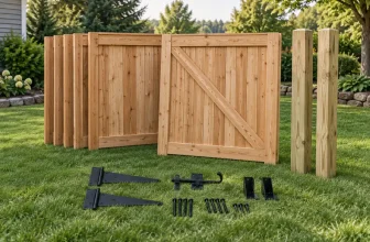 wood fence panels, two plain posts and gate hardware staged on lawn before assembly — concept illustration