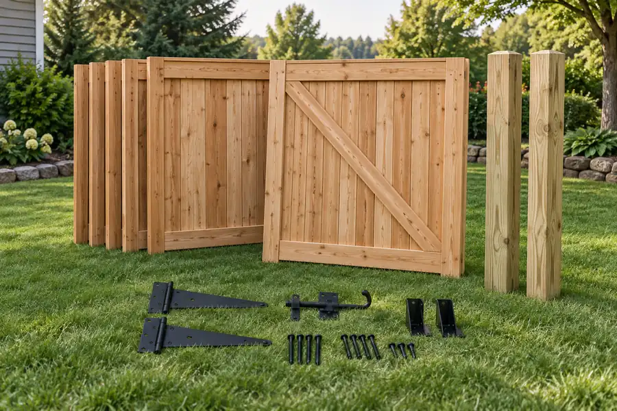 wood fence panels, two plain posts and gate hardware staged on lawn before assembly — concept illustration