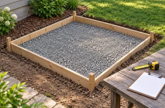 Shallow rectangular concrete form with prepared aggregate beside a planning clipboard.