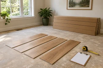 Flooring cartons, plank samples and measuring tools in a renovation room — concept illustration