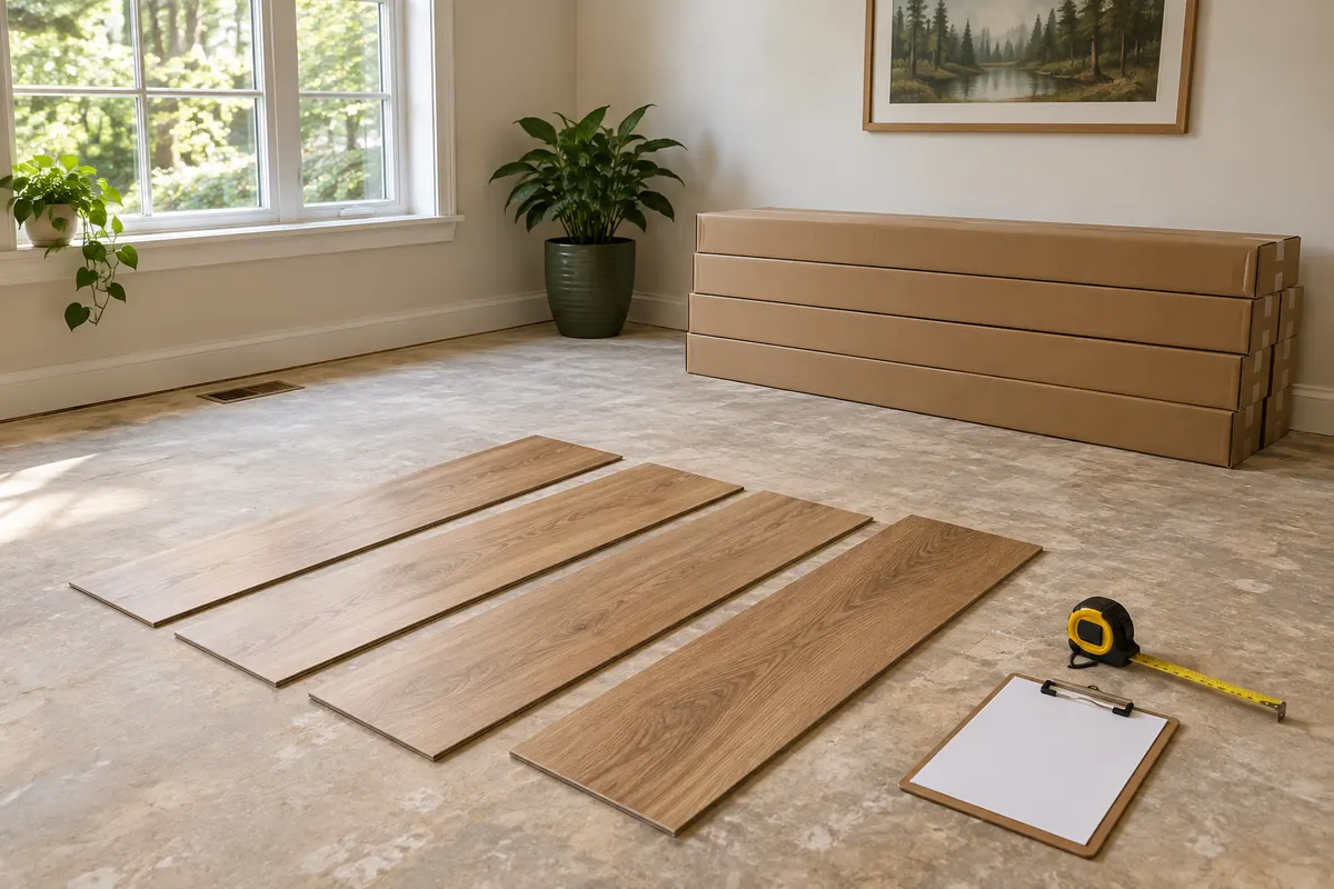 Flooring cartons, plank samples and measuring tools in a renovation room — concept illustration
