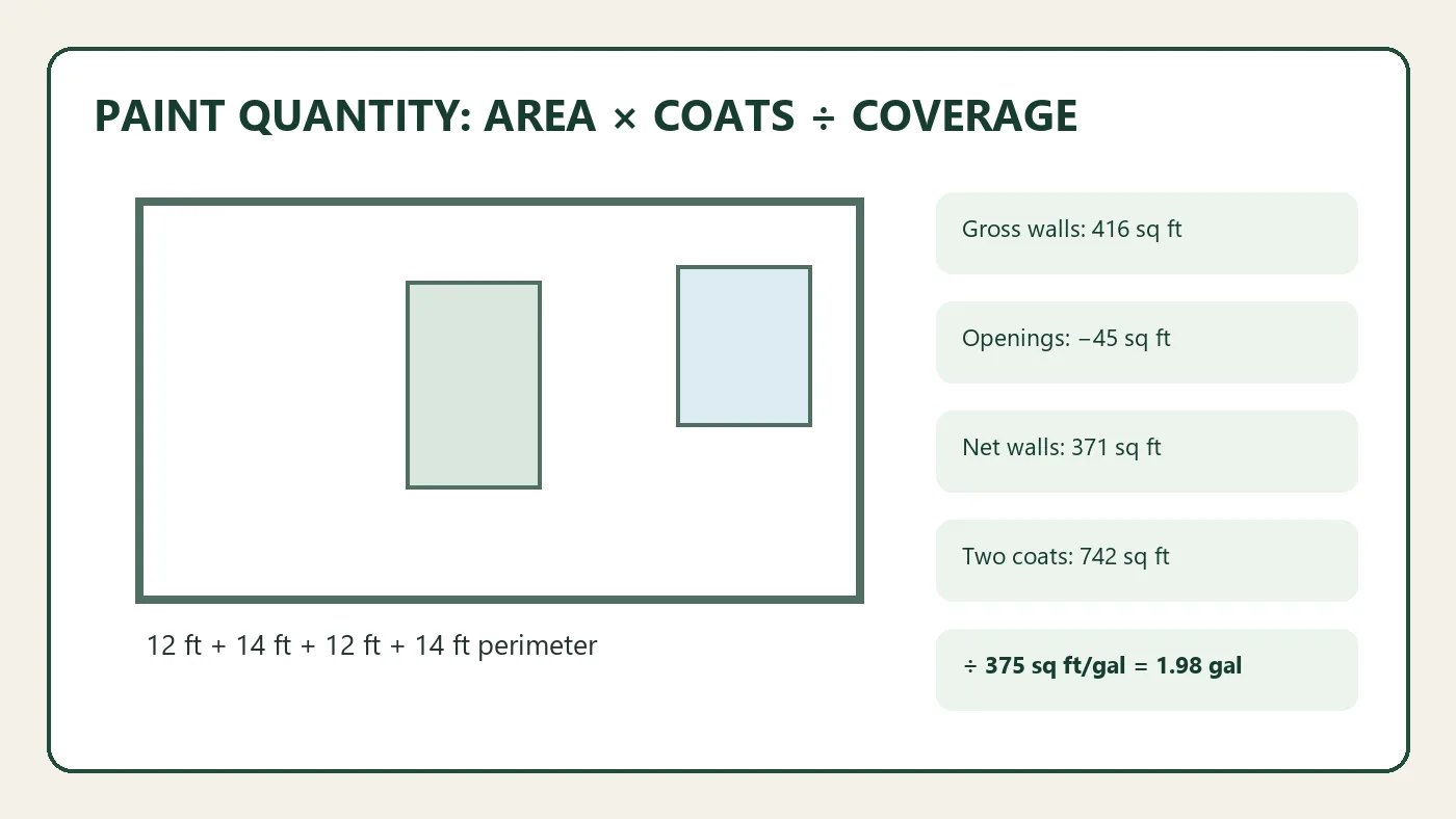 Worked quantity diagram for how much paint do you need? walls, ceilings, coats and coverage