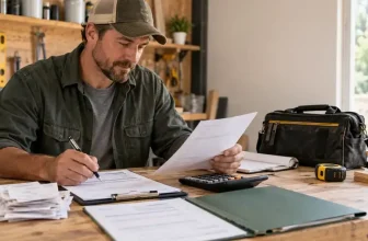 Self-employed contractor reviewing job costs, time sheets and an estimate