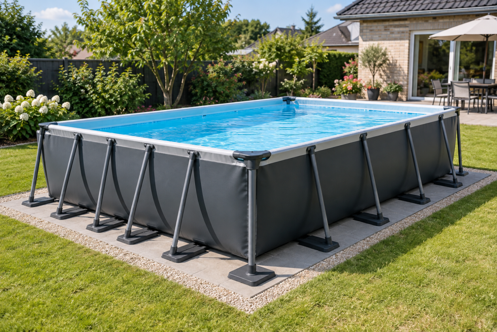 Freestanding rectangular above-ground pool with visible frame supports on a prepared garden base