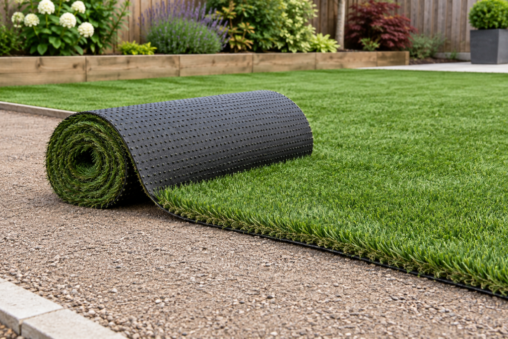 Partly unrolled artificial grass with black perforated backing on a prepared aggregate garden base beside green synthetic lawn.