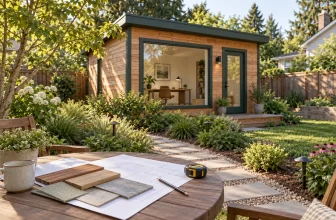Concept illustration of a backyard office with finish samples and plans in the foreground