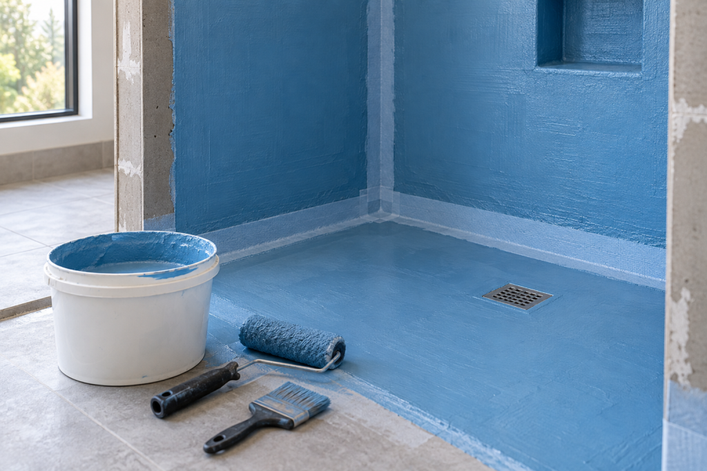 Bathroom shower corner with blue waterproofing membrane, sealing tape, a roller and an unbranded product tub before tiling.