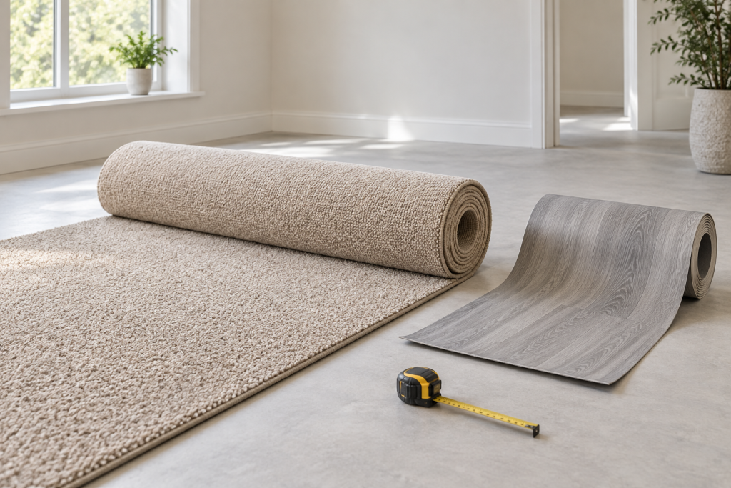 Partly unrolled beige carpet and grey wood-effect sheet vinyl on a prepared floor in a bright room.