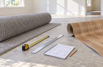 Carpet and sheet vinyl rolls with a tape measure in a prepared room