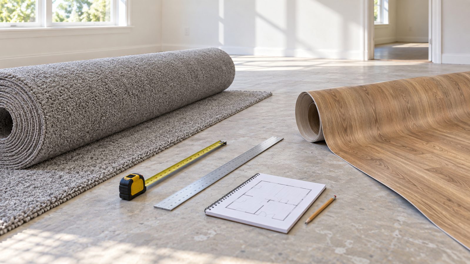 Carpet and sheet vinyl rolls with a tape measure in a prepared room