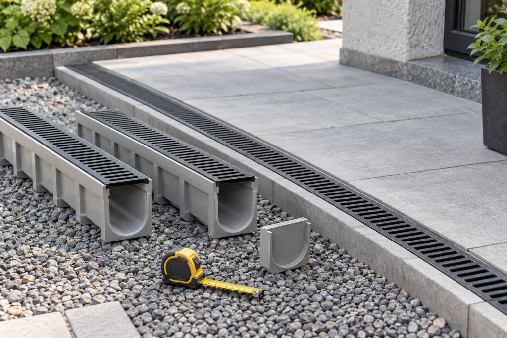 Linear drainage channel with a dark grate beside light paving, with spare channel sections, an end cap and a tape measure nearby.