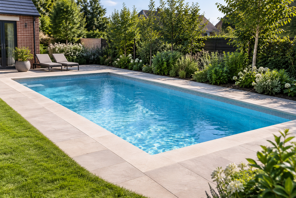 Rectangular tiled in-ground swimming pool with stone coping in a residential garden