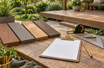 Concept illustration of deck board samples and a blank cut-list clipboard