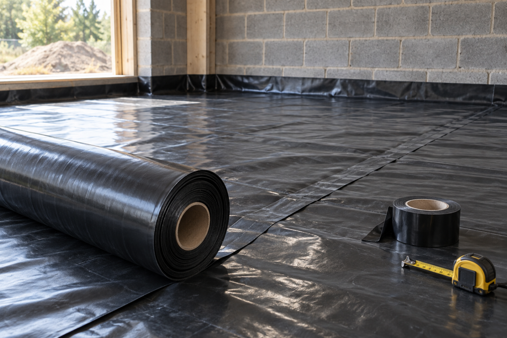Unbranded black damp-proof membrane roll beside overlapping membrane sheets, sealing tape and a tape measure on a clean construction floor.