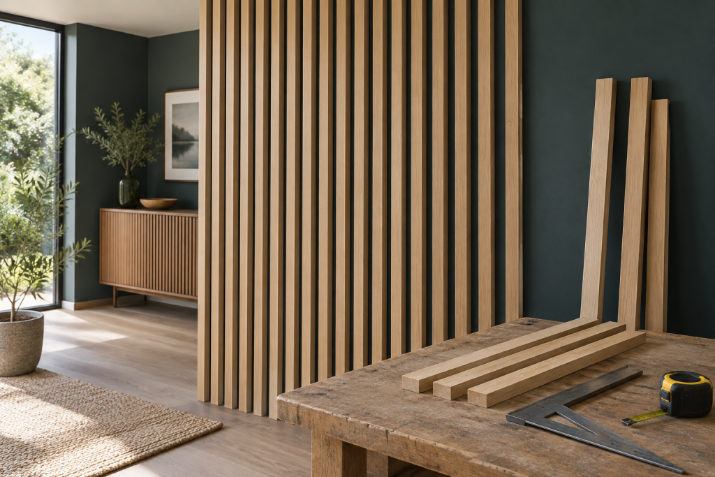 Evenly spaced oak decorative wall slats with loose timber battens, a carpenter square and tape measure on a workbench.