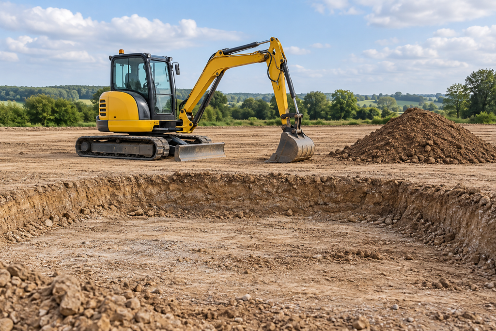 Compact excavator with its bucket resting on level ground beside a soil mound and a broad shallow excavation.
