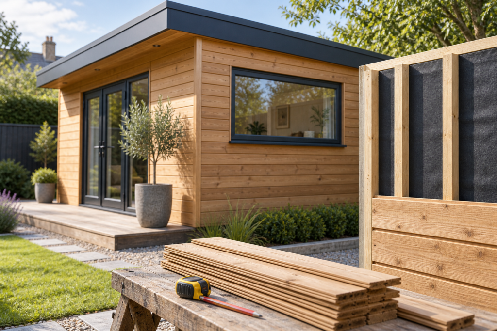 Timber-clad garden building with stacked cladding boards and a sample panel showing battens and dark membrane.