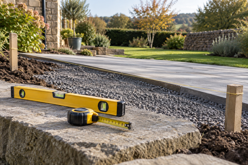 Spirit level, tape measure and taut setting-out string beside a gently sloping paved construction area in daylight.