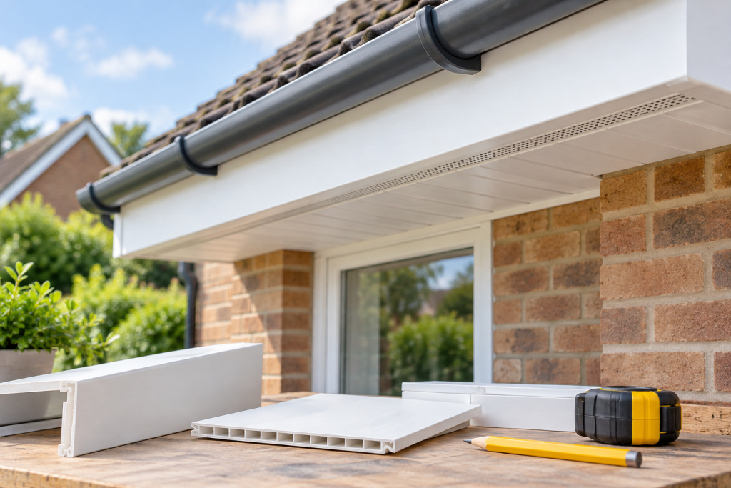 White fascia and soffit beneath a tiled roof, with roofline board samples and a tape measure on a workbench.