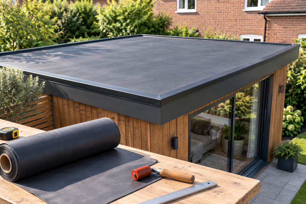 Dark EPDM roof on a timber garden room with a loose membrane roll and roofing roller on a workbench.