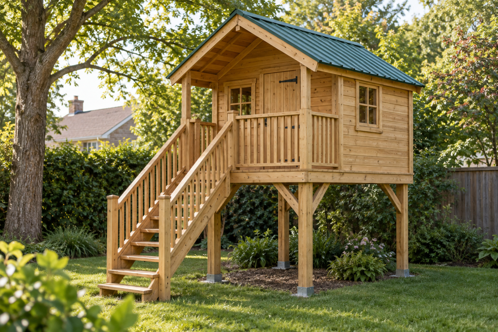 Freestanding timber raised playhouse on posts with a guarded veranda and stairs in a garden