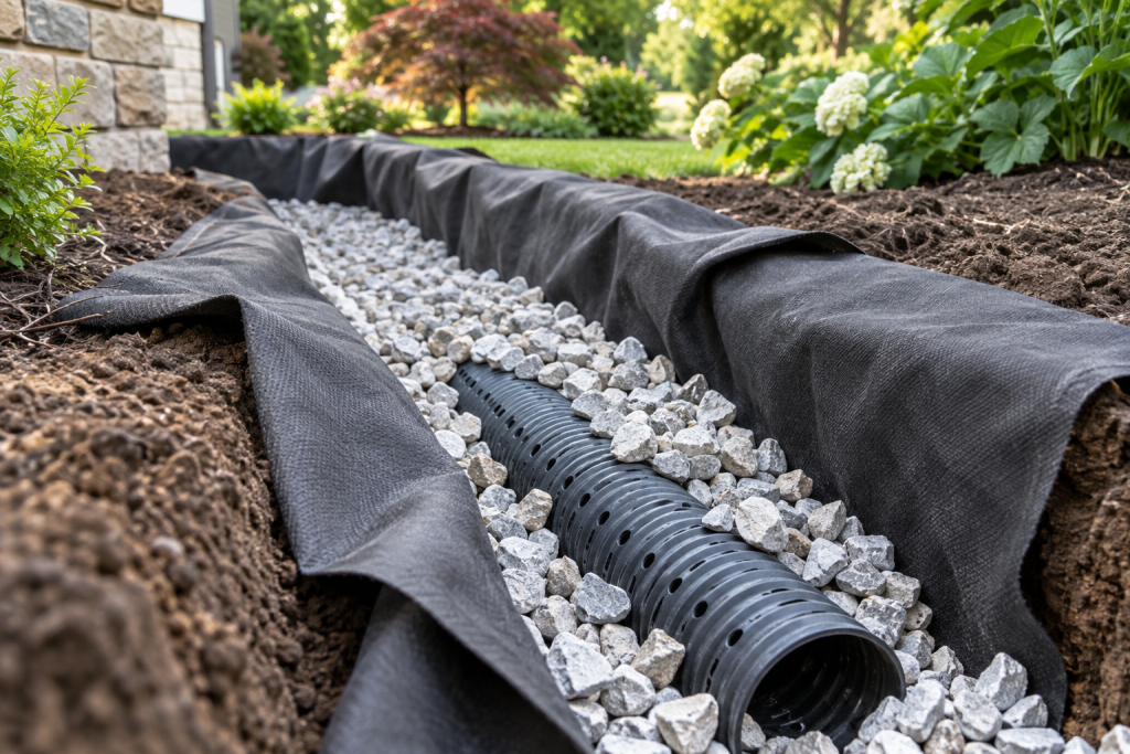 Black perforated drainage pipe partly surrounded by pale gravel in a garden trench lined with dark geotextile.