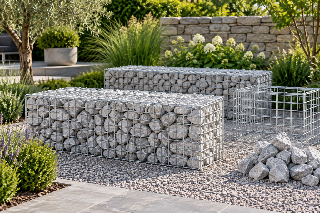 Rectangular wire gabion baskets filled with pale angular stone, with an empty basket and loose stone nearby in a garden.