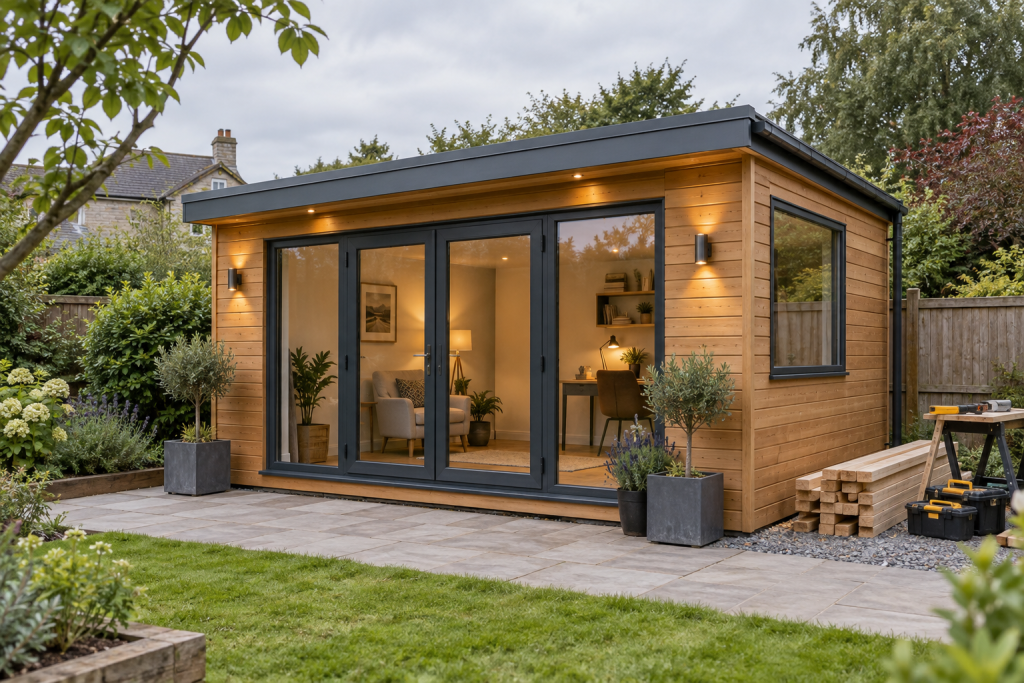 Timber-clad garden room with large glazed doors, a finished interior and a small timber stack on a landscaped garden site.