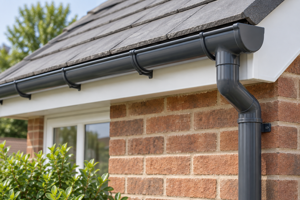 Charcoal guttering along white fascia beneath roof tiles, with a downpipe and offset bend on a brick house.