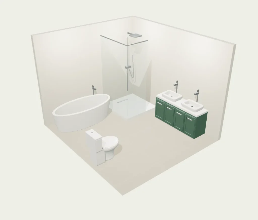 Example bathroom with a bathtub, shower, double vanity and close-coupled toilet in the free 3D planner