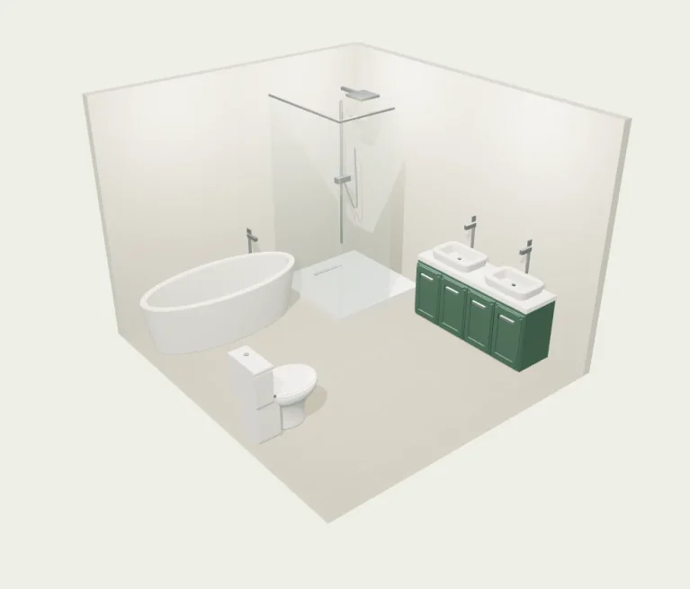 Example bathroom with a bathtub, shower, double vanity and close-coupled toilet in the free 3D planner