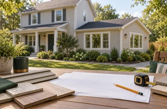 Concept illustration of a home addition with plans and material samples