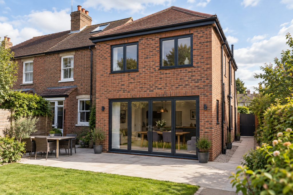 A finished two-storey brick house extension with broad garden doors and upper windows beside a tidy landscaped patio.