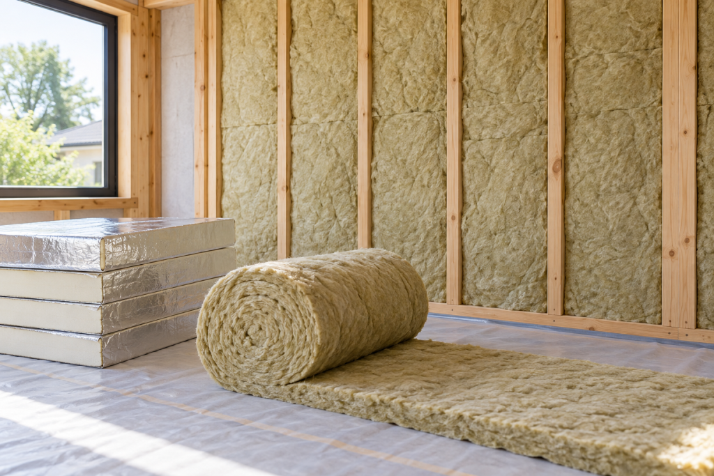 Mineral wool insulation between timber wall studs, with a roll of insulation and stacked foil-faced boards in a tidy renovation room.