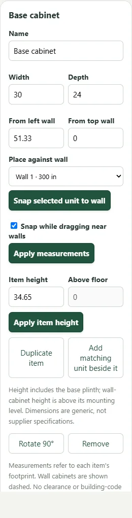 Selected cabinet controls for width depth position height and rotation