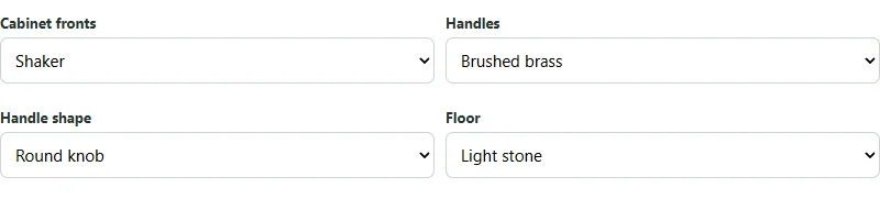 Kitchen planner selectors for cabinet fronts handles flooring and lighting