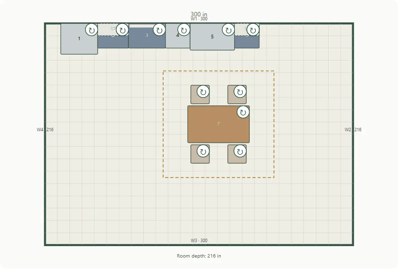 300 by 216 inch kitchen floor plan with cabinets and dining furniture