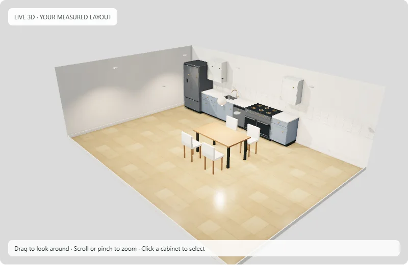 Example kitchen and dining layout in the free 3D kitchen designer