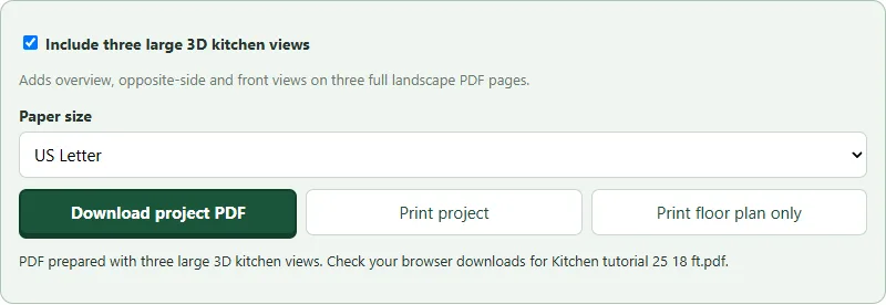 Kitchen PDF controls with three large 3D views and paper size options