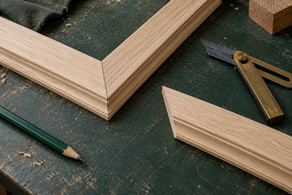Two pale timber moulding pieces forming a mitred corner on a dark green bench beside a bevel gauge and angled offcut.