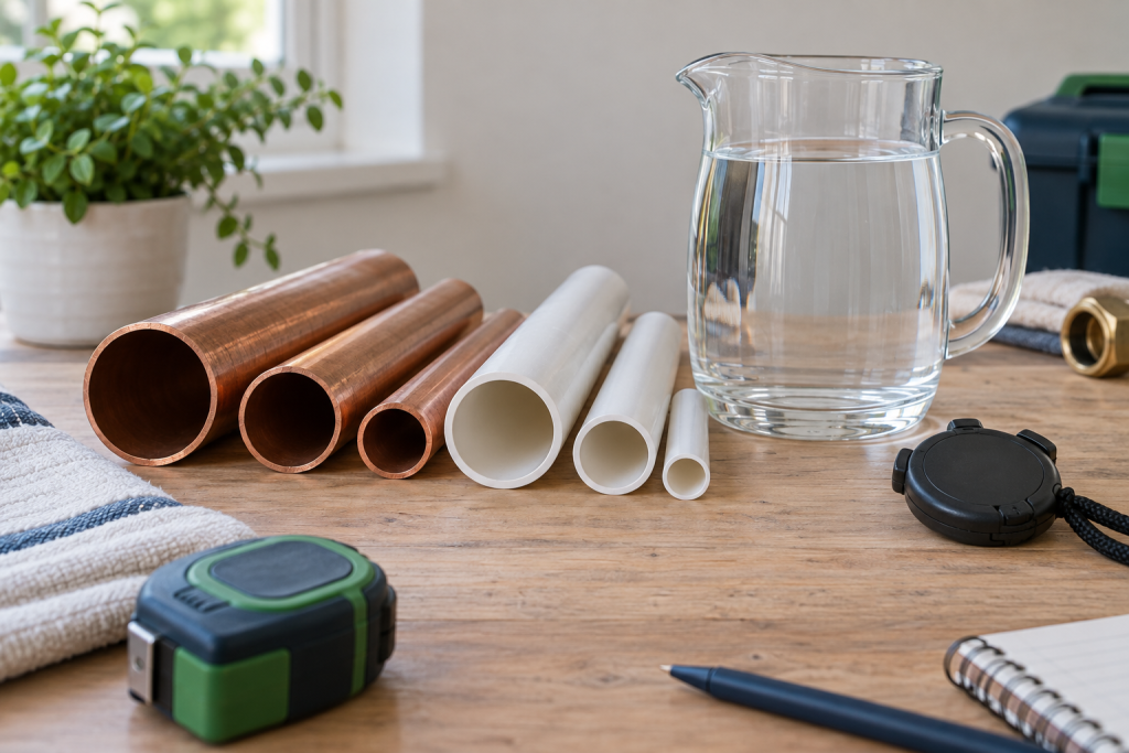 Open copper and white plastic pipe sections of different bores beside a clear water jug and unmarked timing tool.