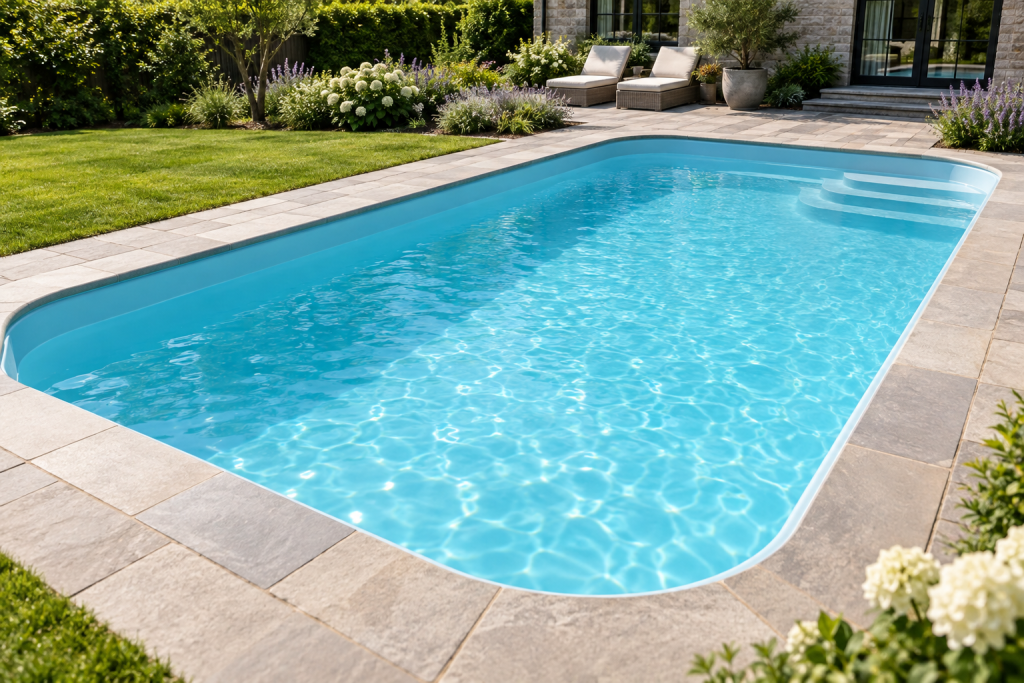 Prefabricated in-ground pool with rounded shell corners, moulded steps and a stone garden surround