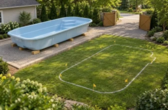 Concept illustration of a prefabricated pool shell and proposed backyard access route